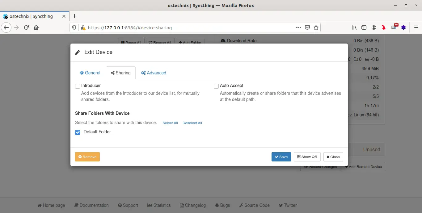Syncthing web GUI edit device panel for sharing folders across machines