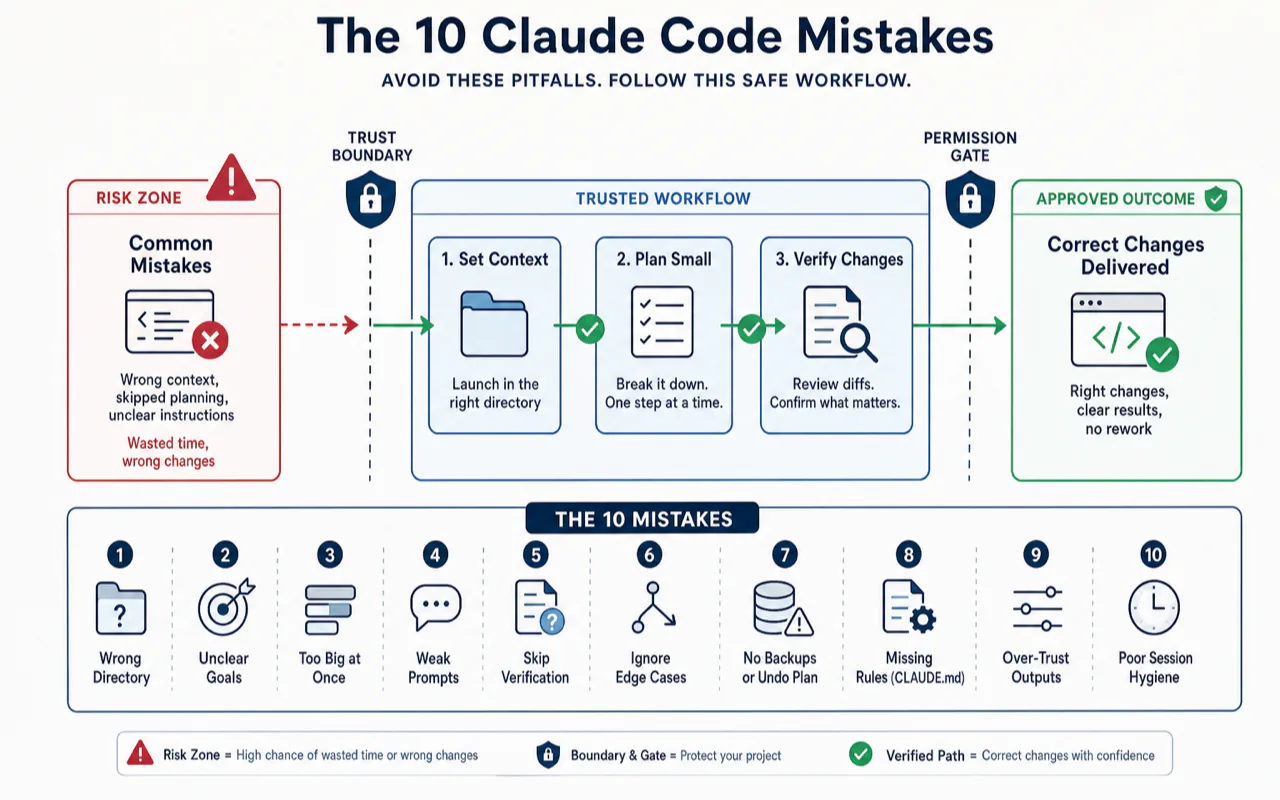 The 10 Claude Code Mistakes technical diagram for Claude Code Tutorial: 10 Mistakes I Made So You Won't