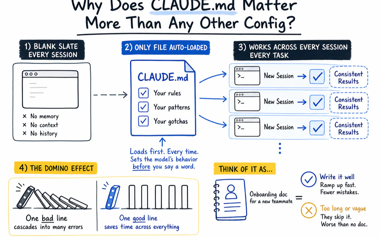 Why Does CLAUDE.md Matter More Than Any Other Config? technical diagram for CLAUDE.md Best Practices