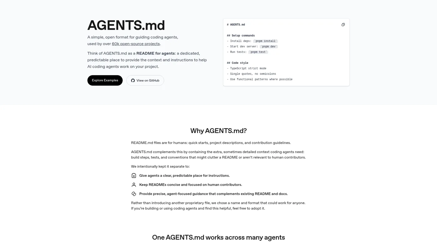AGENTS.md open format homepage explaining project instructions for coding agents