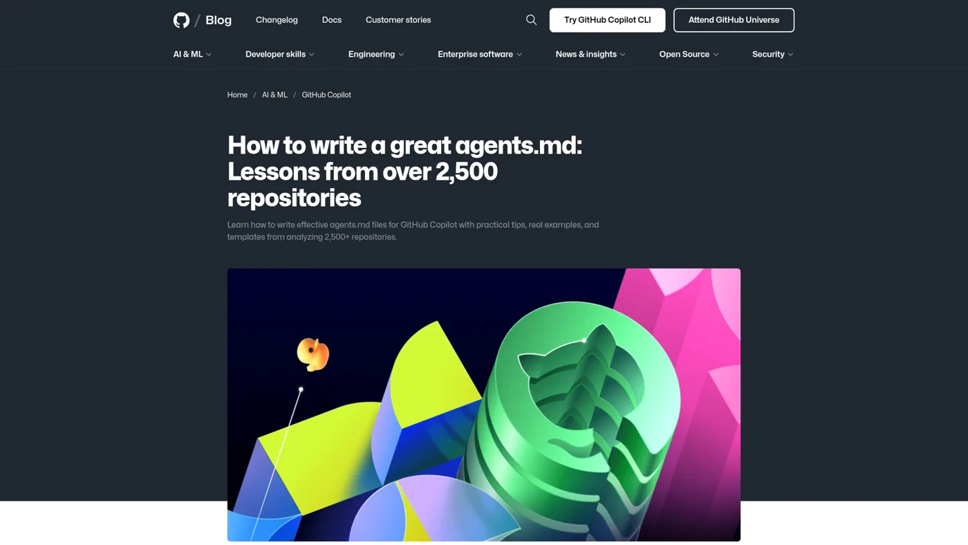 GitHub blog research on writing a great agents.md from over 2,500 repositories