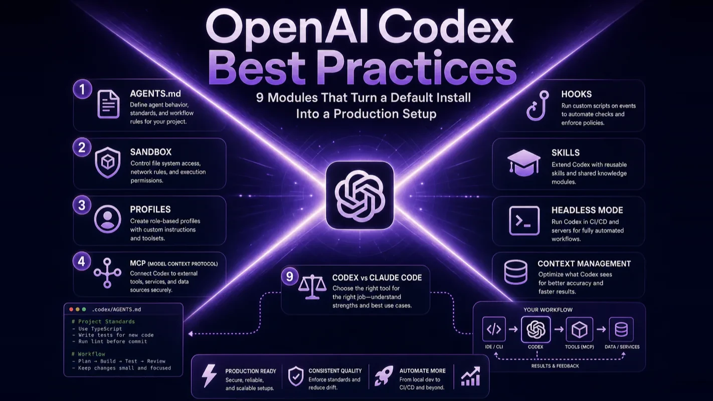 Purple map of the nine OpenAI Codex configuration modules from AGENTS.md to context management
