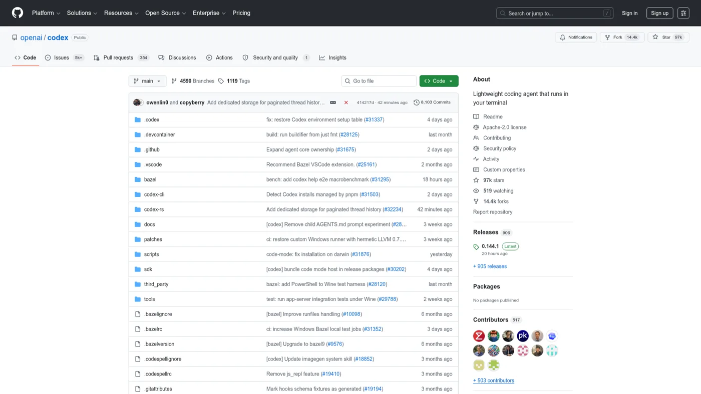 OpenAI Codex open-source repository on GitHub showing its Rust-based terminal agent