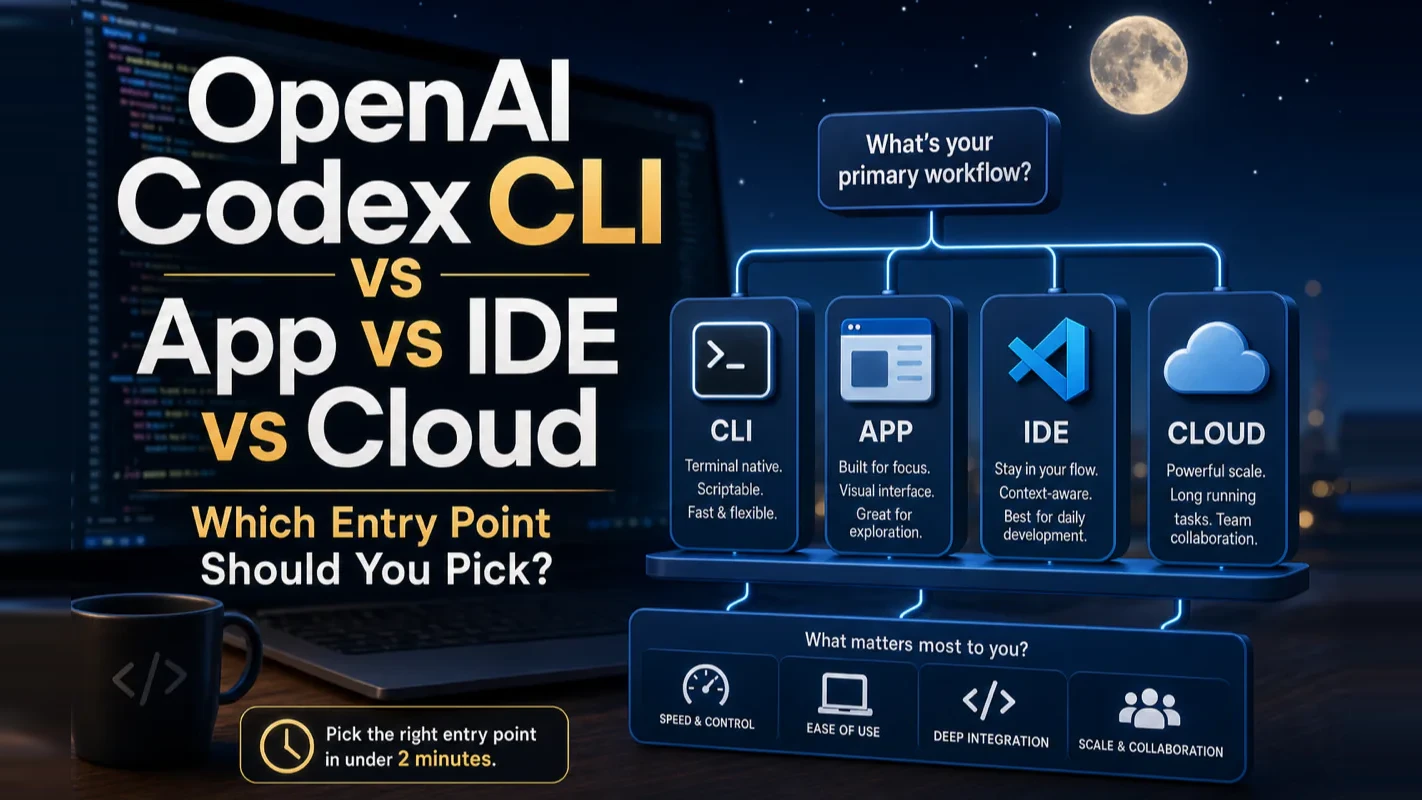 Night-themed decision chart comparing the OpenAI Codex CLI, app, IDE, and cloud entry points