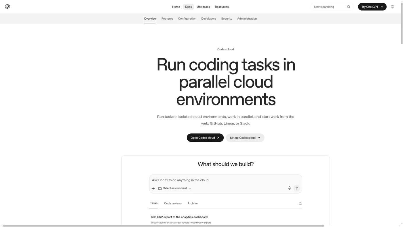 OpenAI Codex Cloud page for running coding tasks in parallel isolated cloud environments