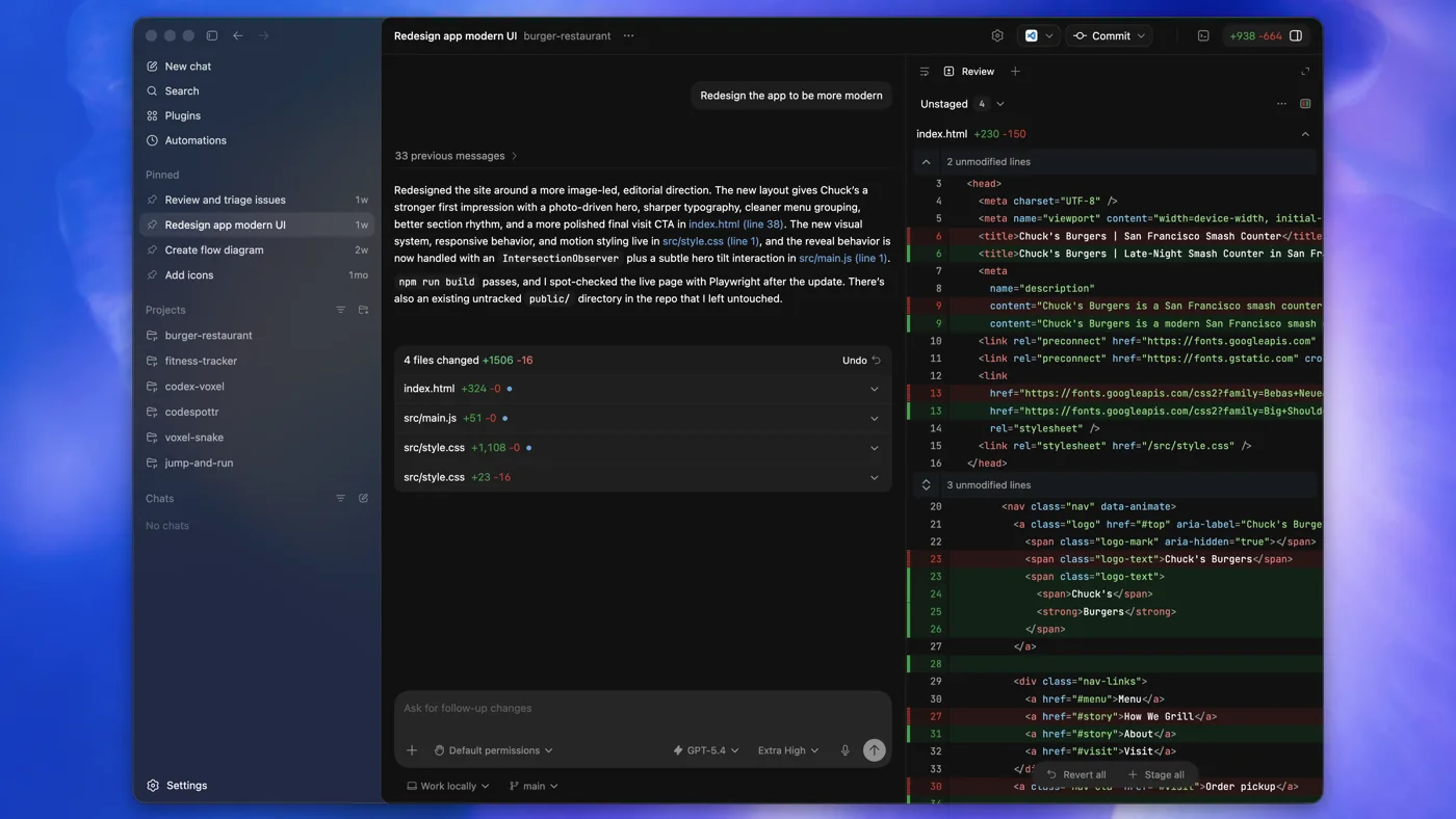 OpenAI Codex desktop app with a project sidebar, chat thread, and code review diff panel