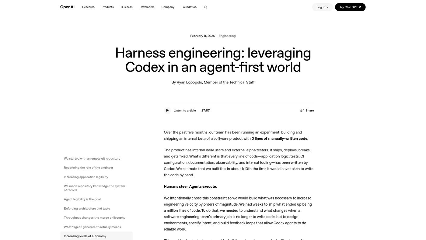 OpenAI harness engineering blog on building a million-line codebase entirely with Codex