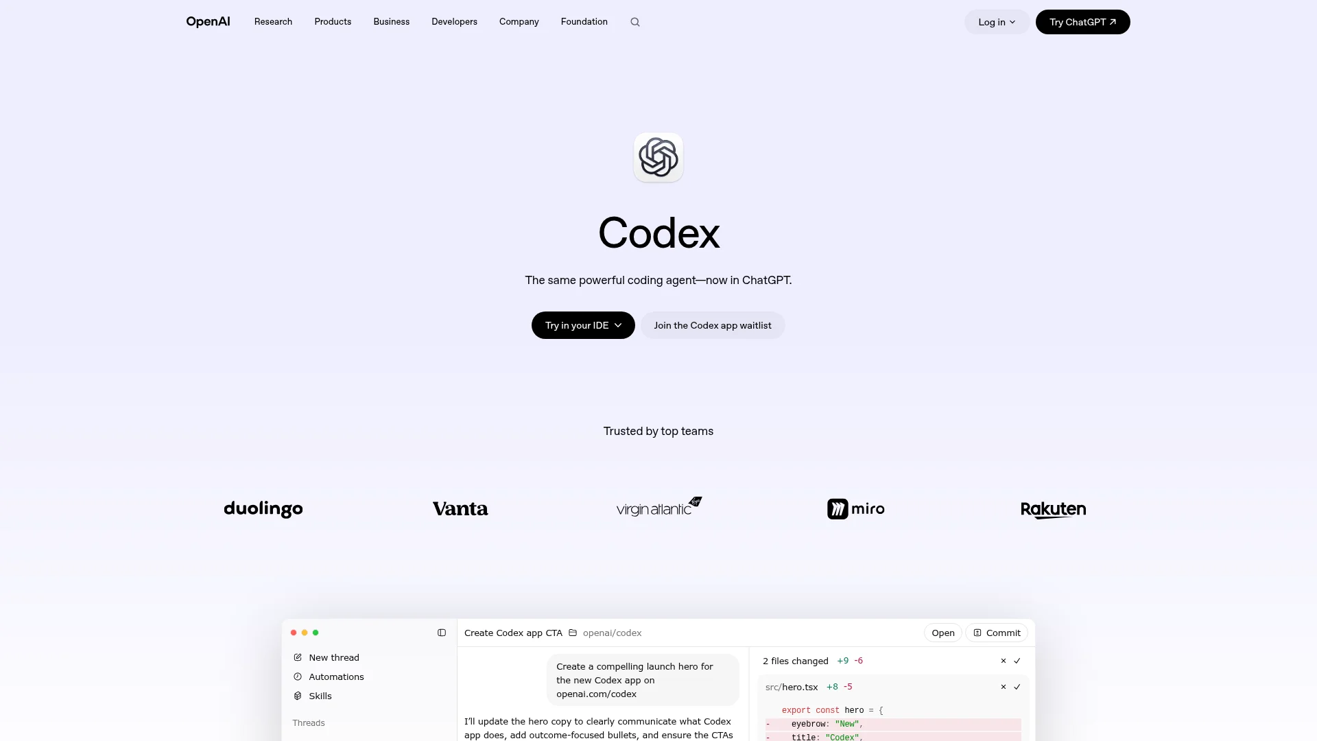 OpenAI Codex product page presenting Codex as a coding agent inside ChatGPT