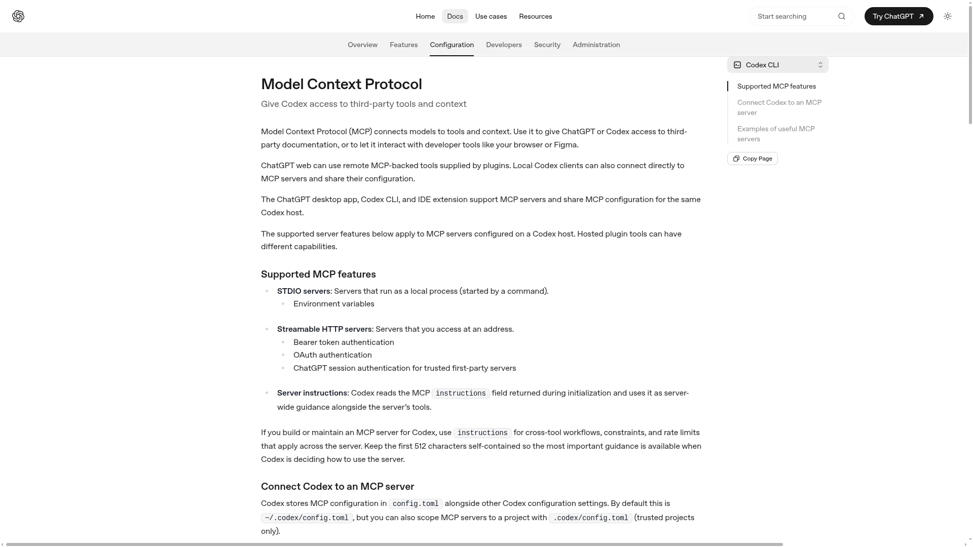 OpenAI Codex Model Context Protocol docs covering config.toml and server setup