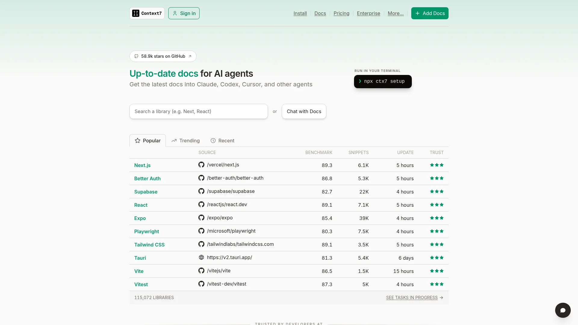 Context7 homepage pulling up-to-date library docs for Codex and other AI agents