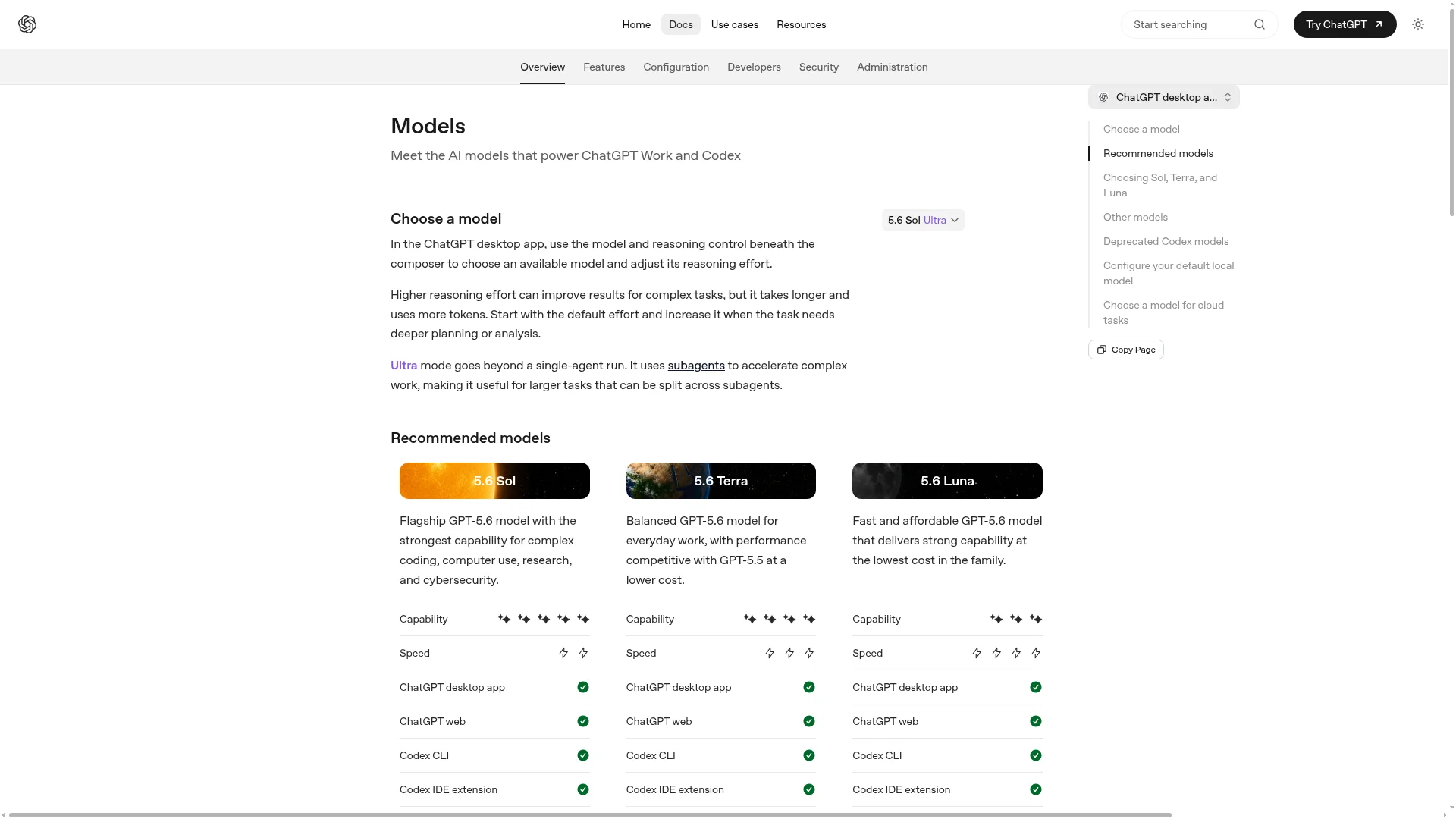 OpenAI Codex models page positioning the flagship, balanced, and fast tiers