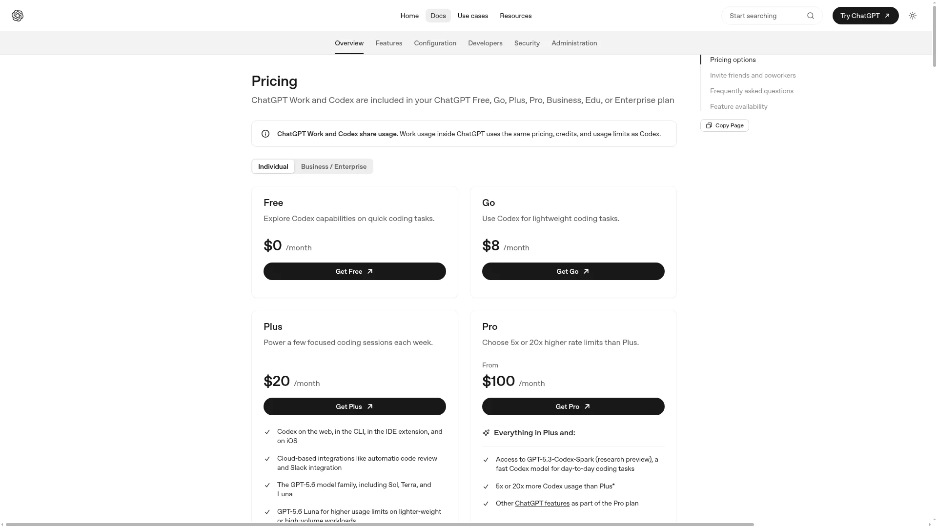 OpenAI Codex pricing page with Free, Go, Plus, and Pro credit tiers
