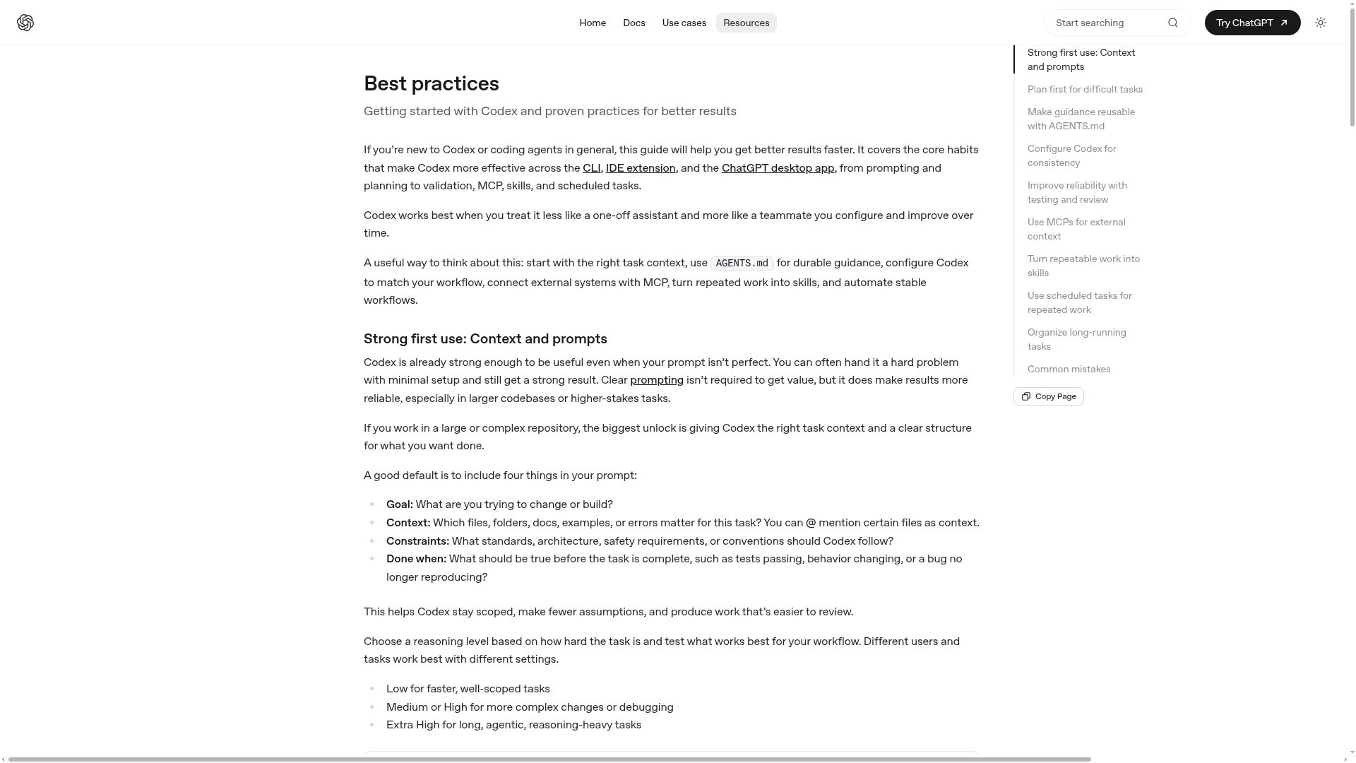 OpenAI Codex best practices page listing the core prompt fields for a task