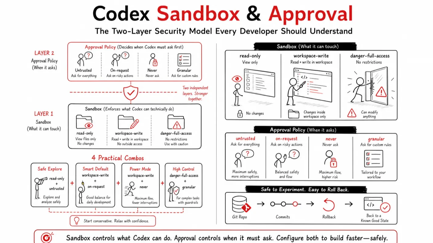 Codex Sandbox & Approval: The Two-Layer Security Model Every Developer Should Understand technical illustration for AI Workflow Pro readers
