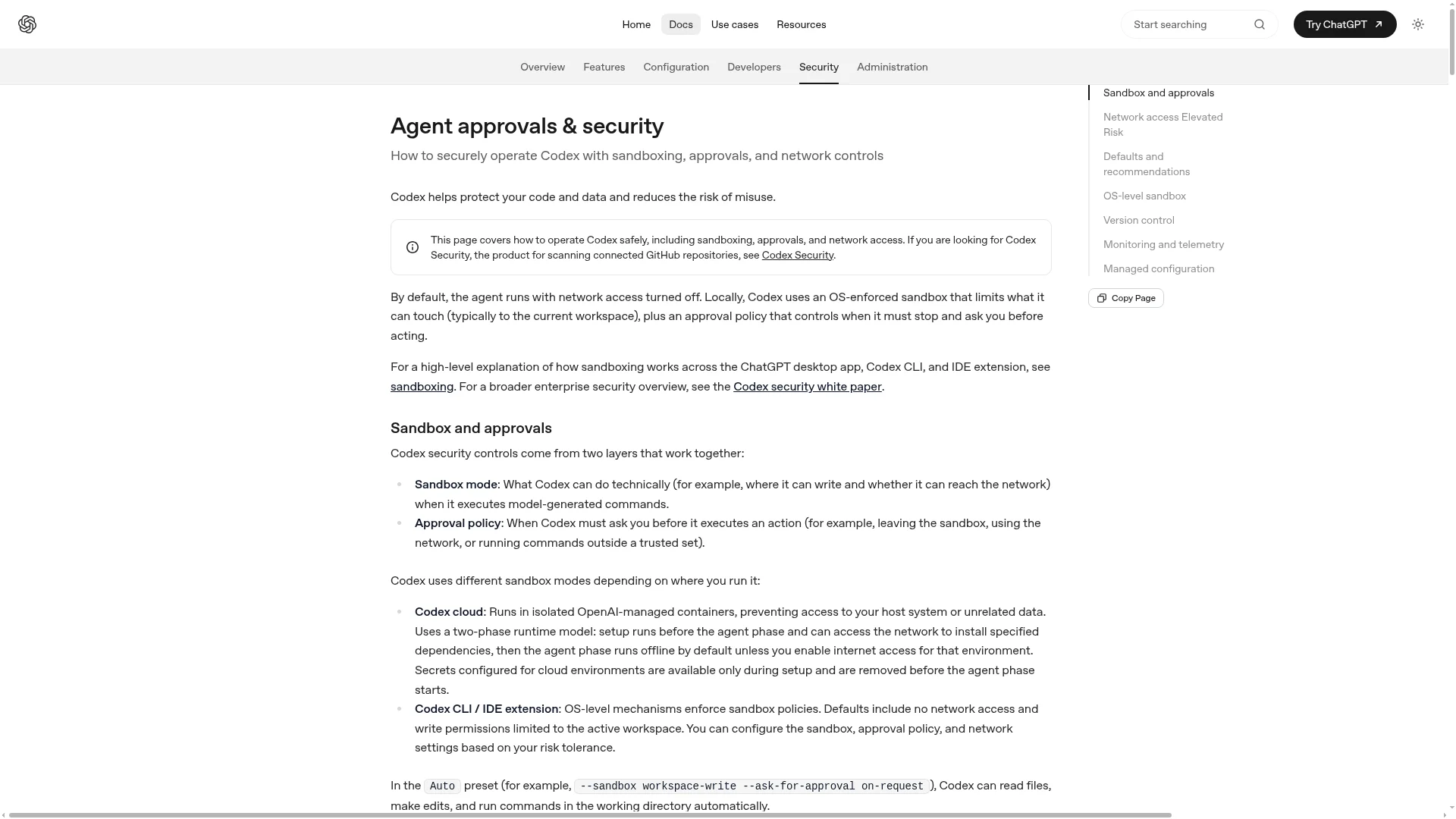 OpenAI Codex approvals and security docs defining the sandbox and approval layers