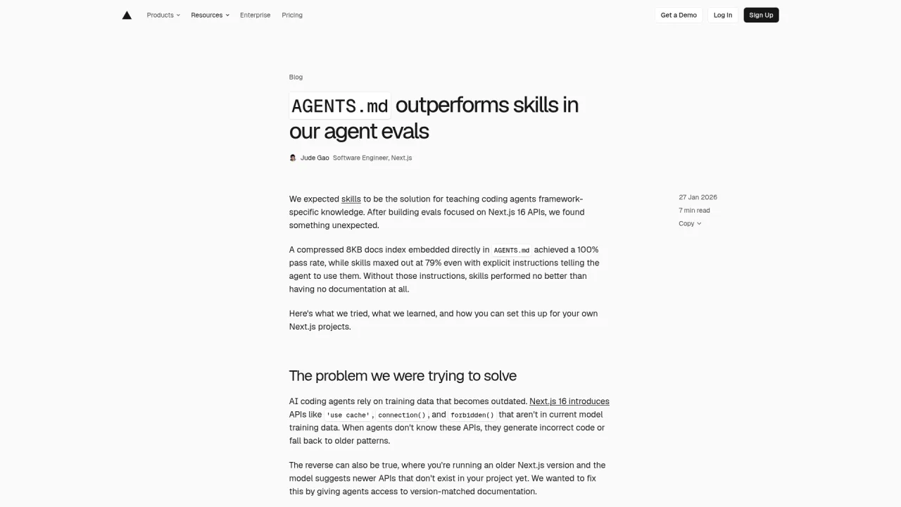 Vercel engineering blog post AGENTS.md outperforms Skills in agent evals