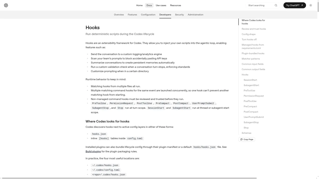 OpenAI Codex Hooks documentation listing lifecycle events