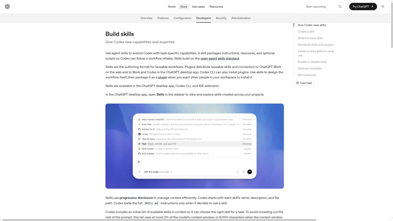OpenAI Codex Build Skills documentation page showing the skill picker