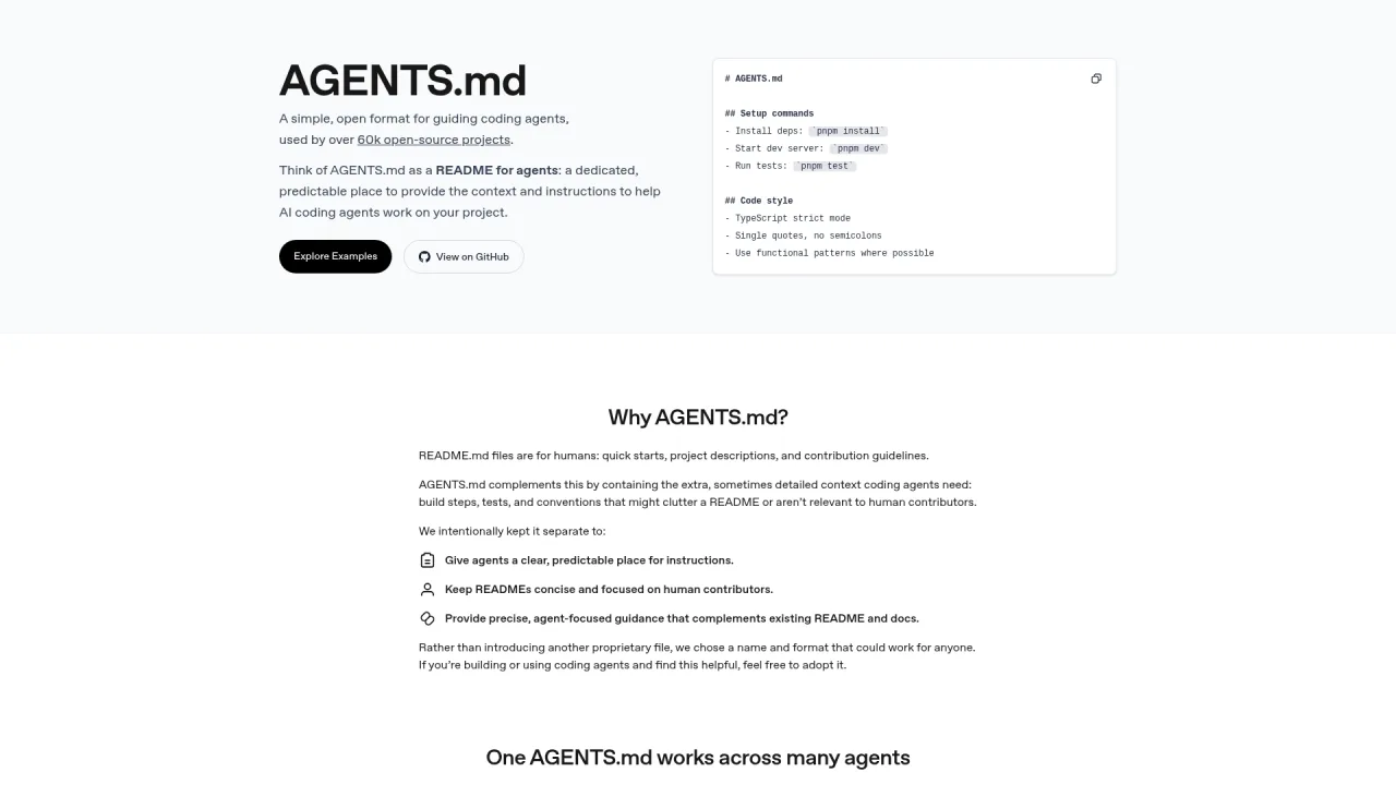AGENTS.md open format landing page with a sample agent instructions file