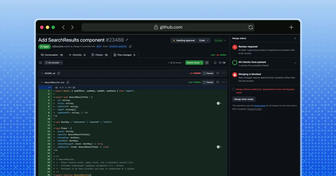 GitHub pull request diff showing all checks passed but review still required