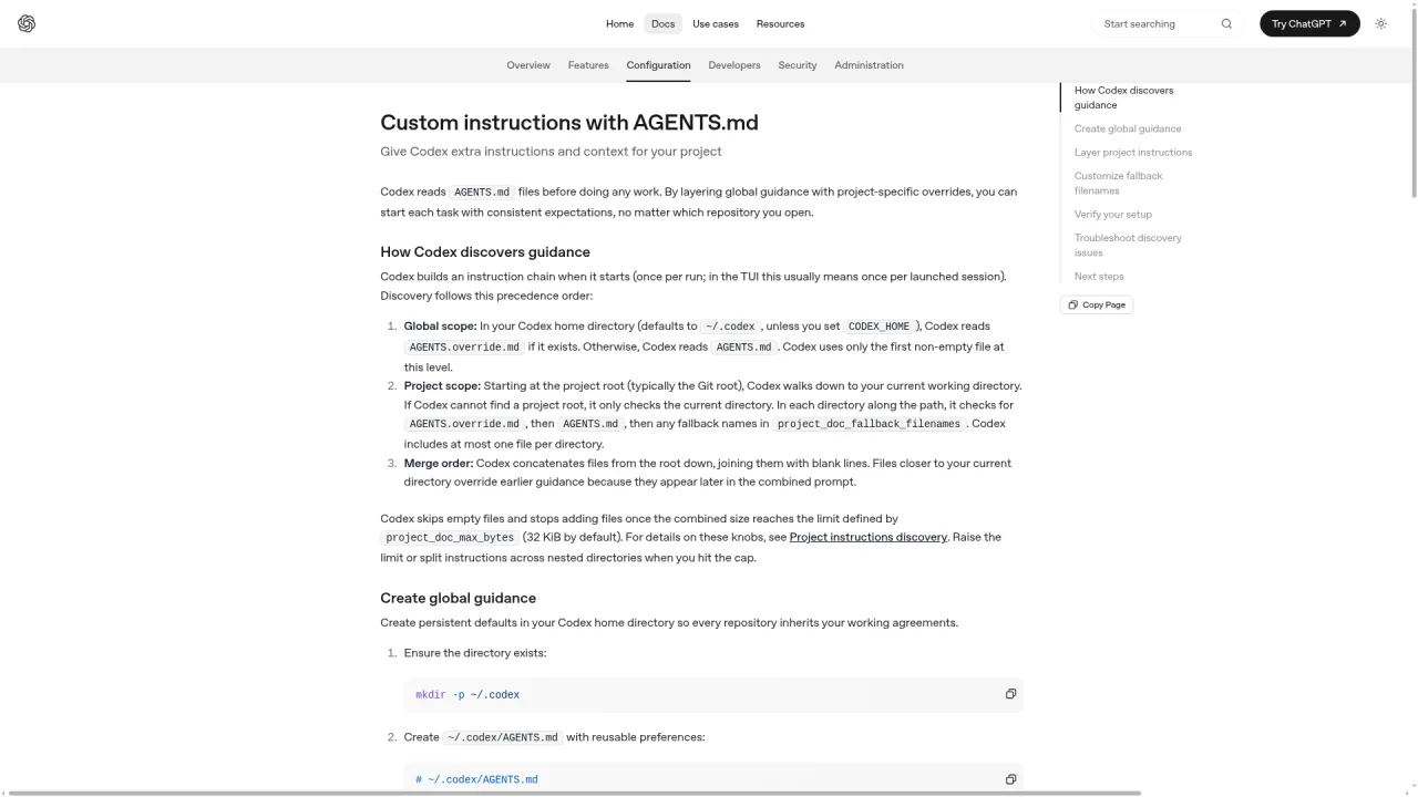 OpenAI Codex documentation on layered AGENTS.md discovery and merge order