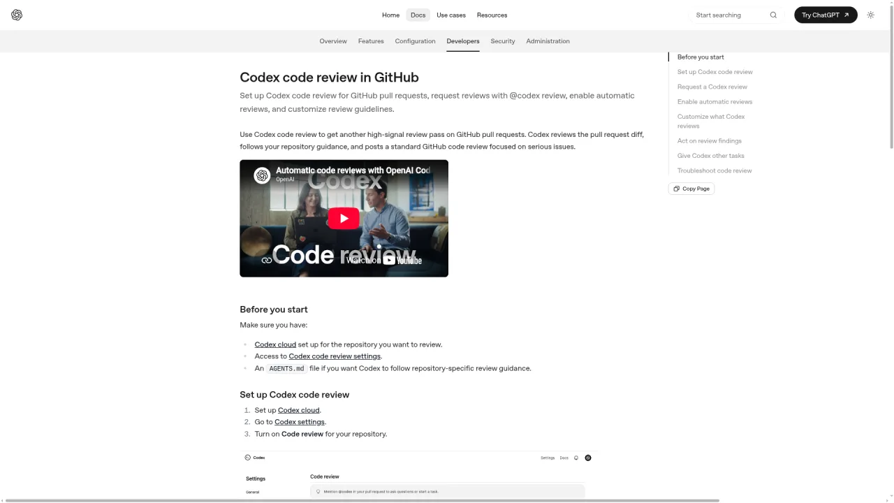 OpenAI Codex code review in GitHub docs for automatic pull request reviews