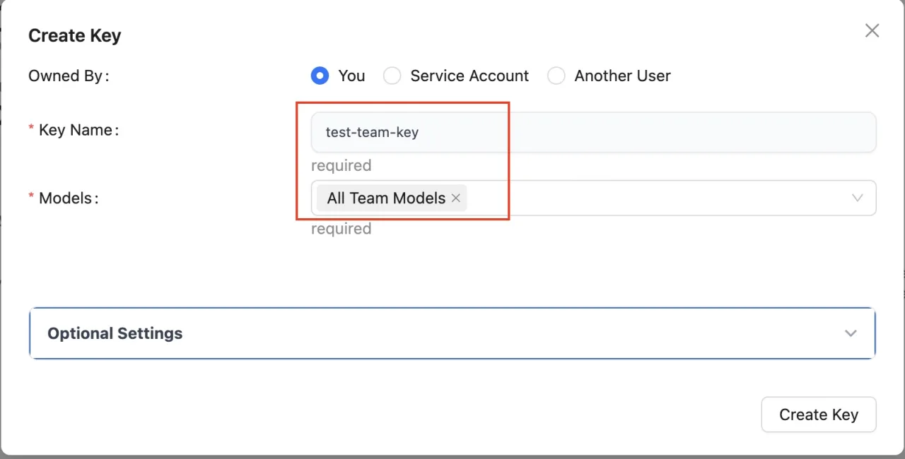 LiteLLM AI gateway dialog creating a per-developer virtual API key for a team