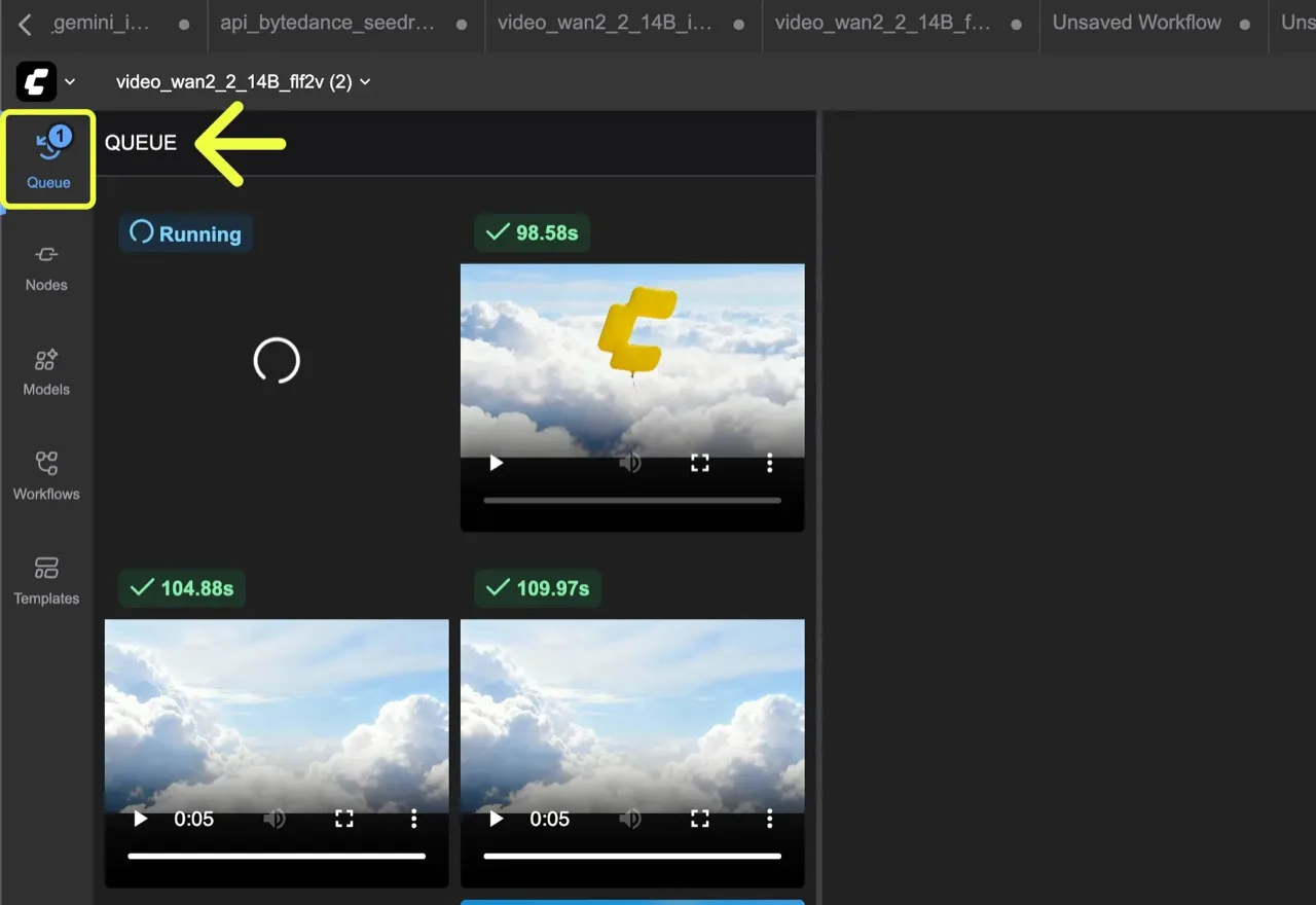 Comfy Cloud queue interface showing active video workflow runs