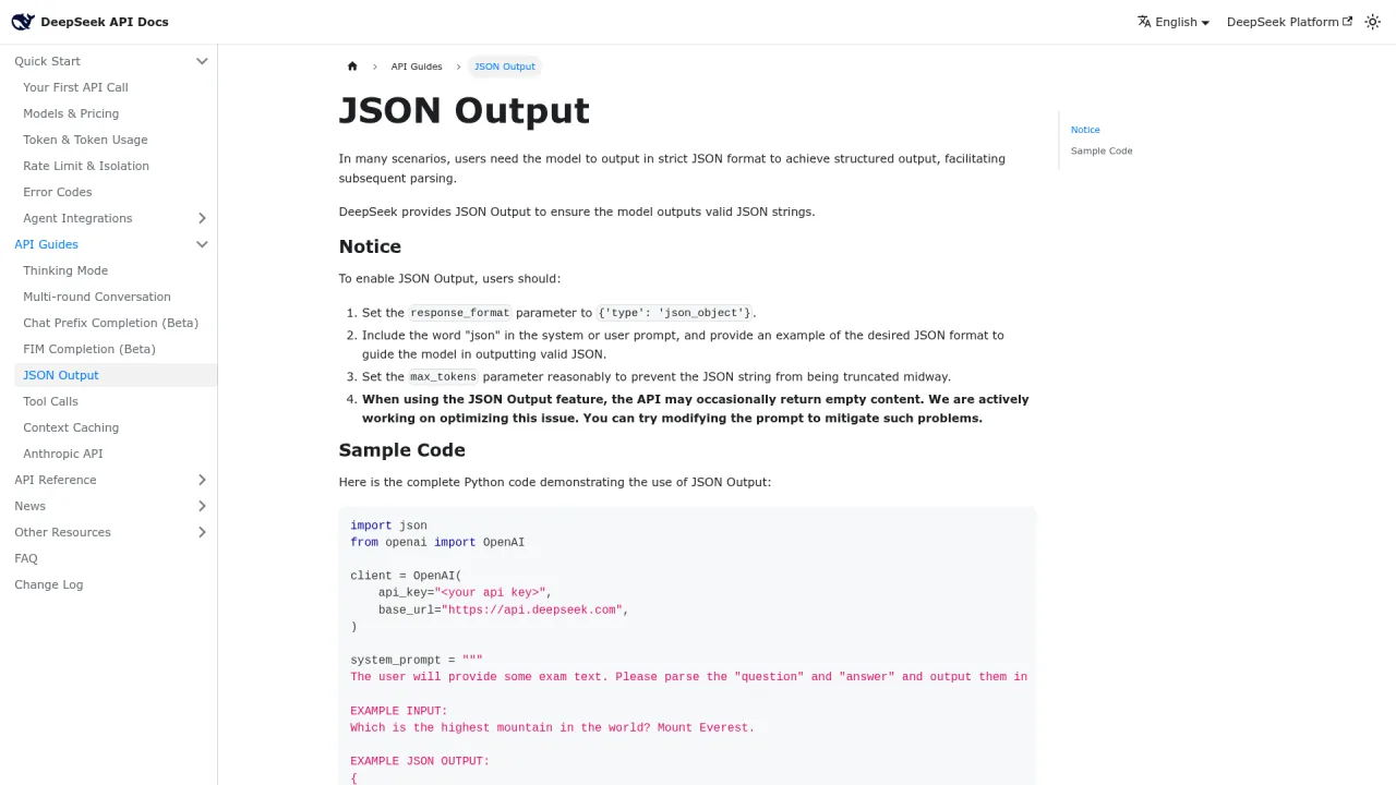 DeepSeek API docs JSON Output guide with response_format json_object example