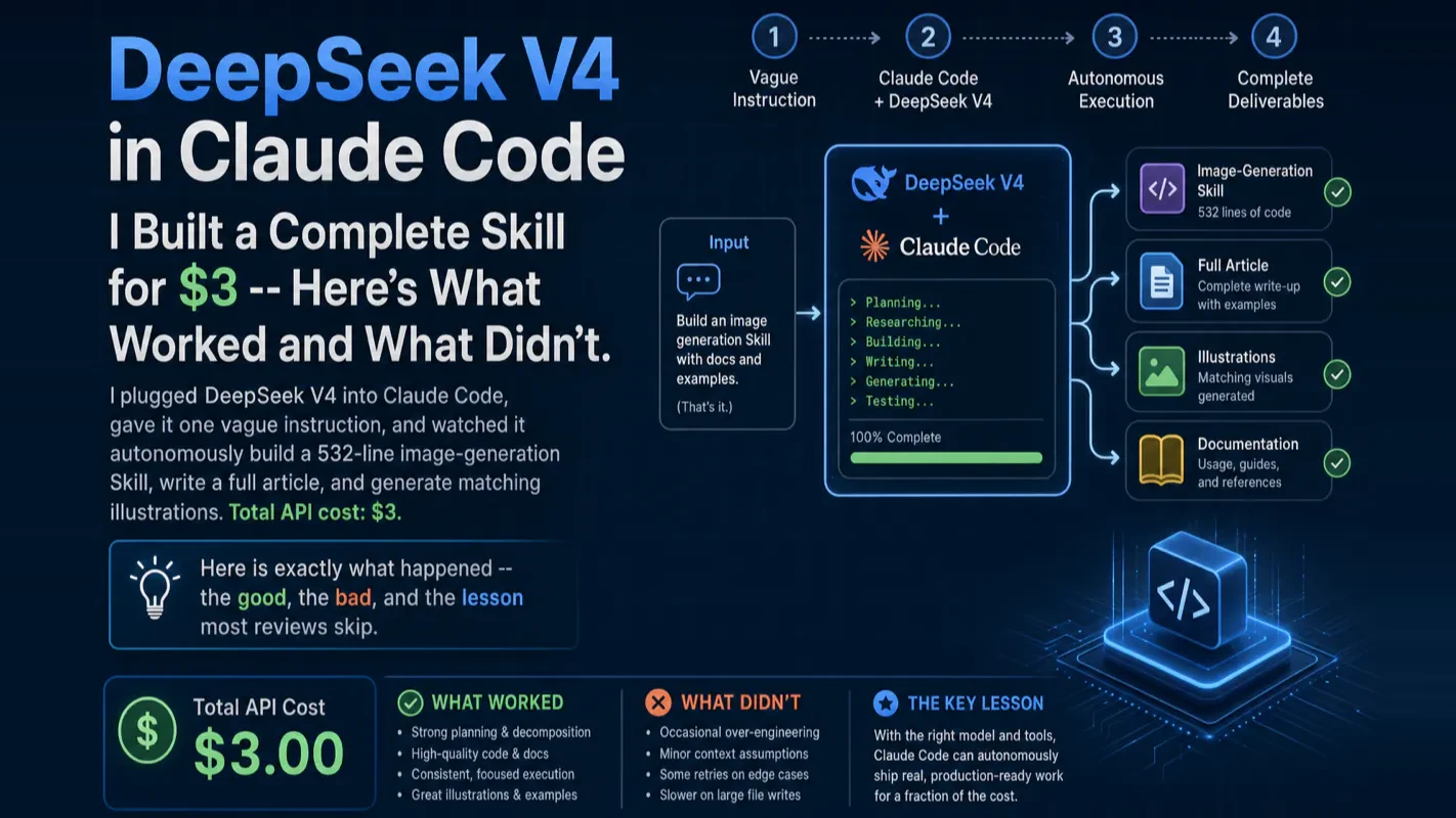 DeepSeek V4 in Claude Code: I Built a Complete Skill for $3 -- Here's What Worked and What Didn't technical illustration for AI Workflow Pro readers
