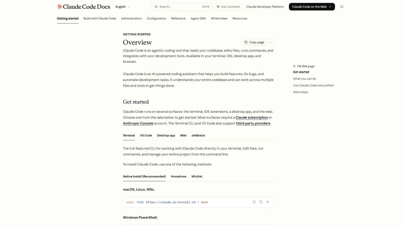 Claude Code documentation overview describing the agentic terminal coding tool