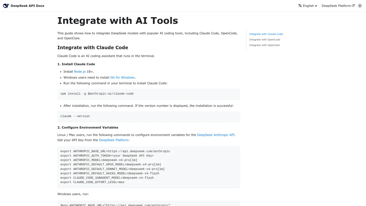 DeepSeek docs showing Claude Code setup with Anthropic-compatible environment variables
