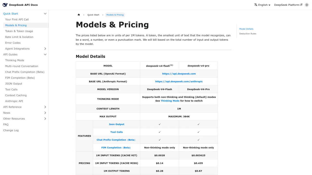 DeepSeek API pricing table for V4 Flash and Pro per-million-token rates