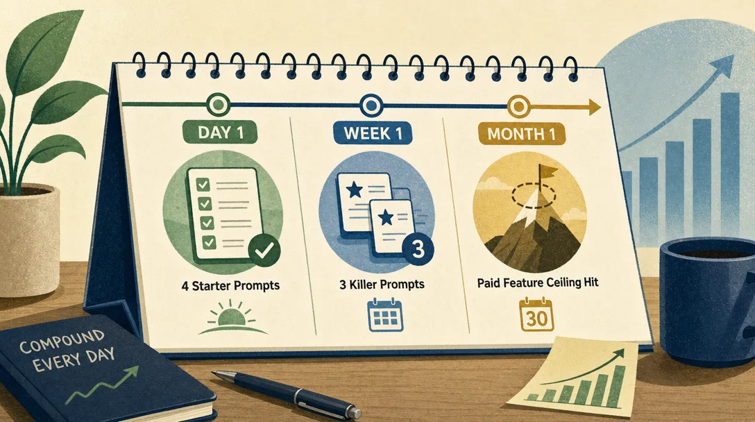 Textured vector illustration of a thirty-day compounding path with day one, week one, and month one milestones.
