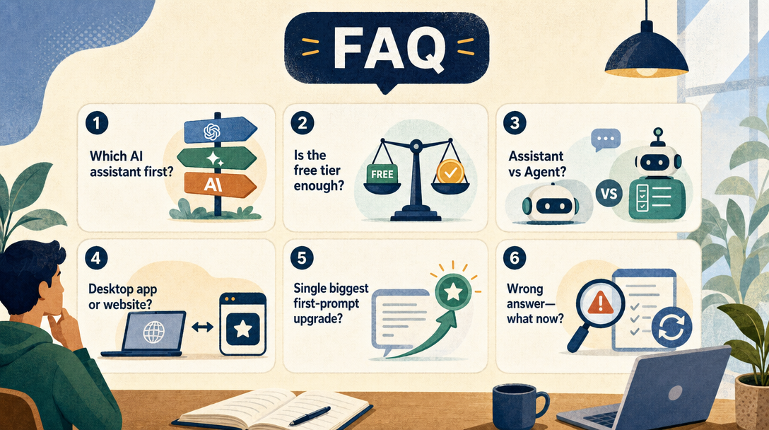 Textured vector illustration of an FAQ panel with six short answers about installing a first AI assistant.