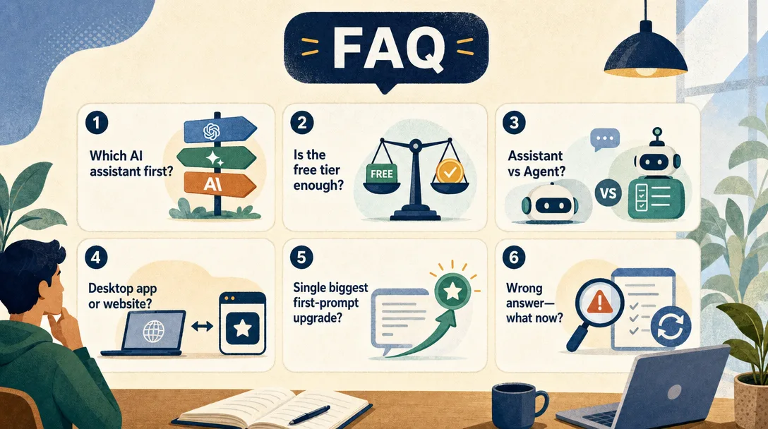 Textured vector illustration of an FAQ panel with six short answers about installing a first AI assistant.