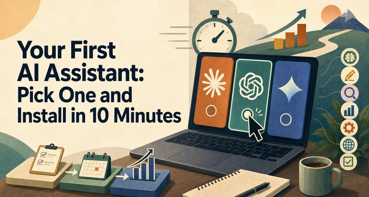 Textured vector cover for a 90-second guide to picking your first AI assistant between Claude, ChatGPT, and Gemini.
