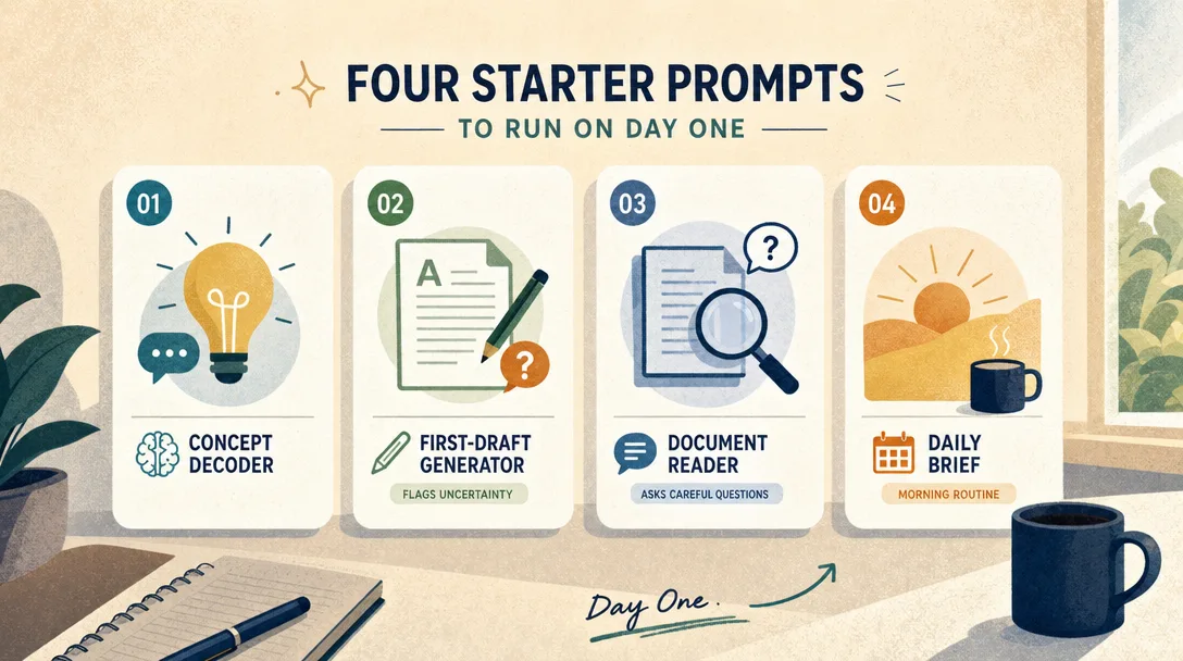 Textured vector illustration of four day-one starter prompts laid out as a numbered card set.