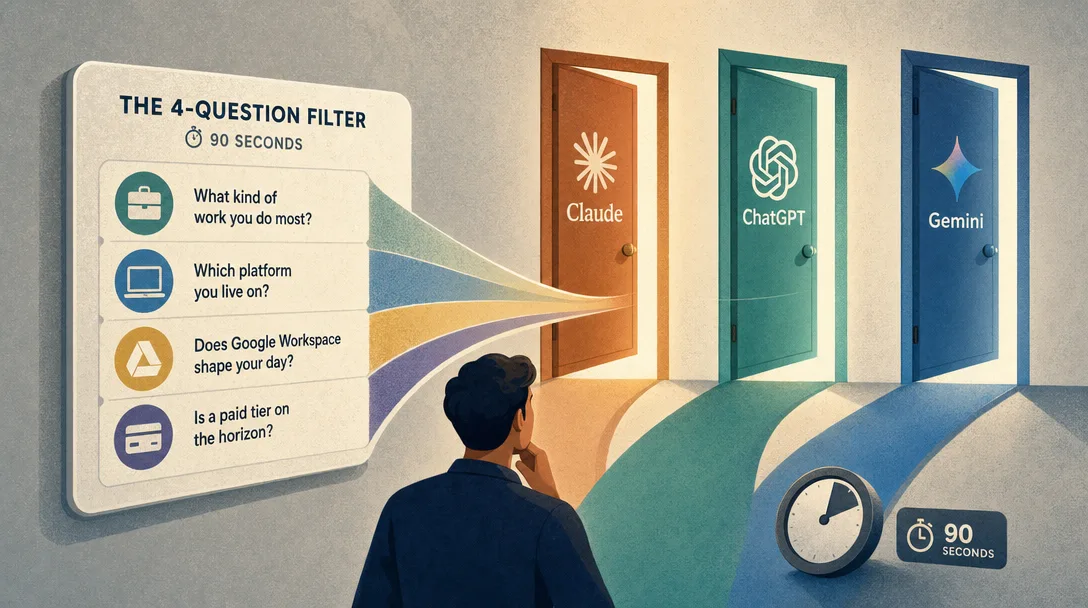 Textured vector illustration of a four-question filter that picks Claude, ChatGPT, or Gemini for a beginner.