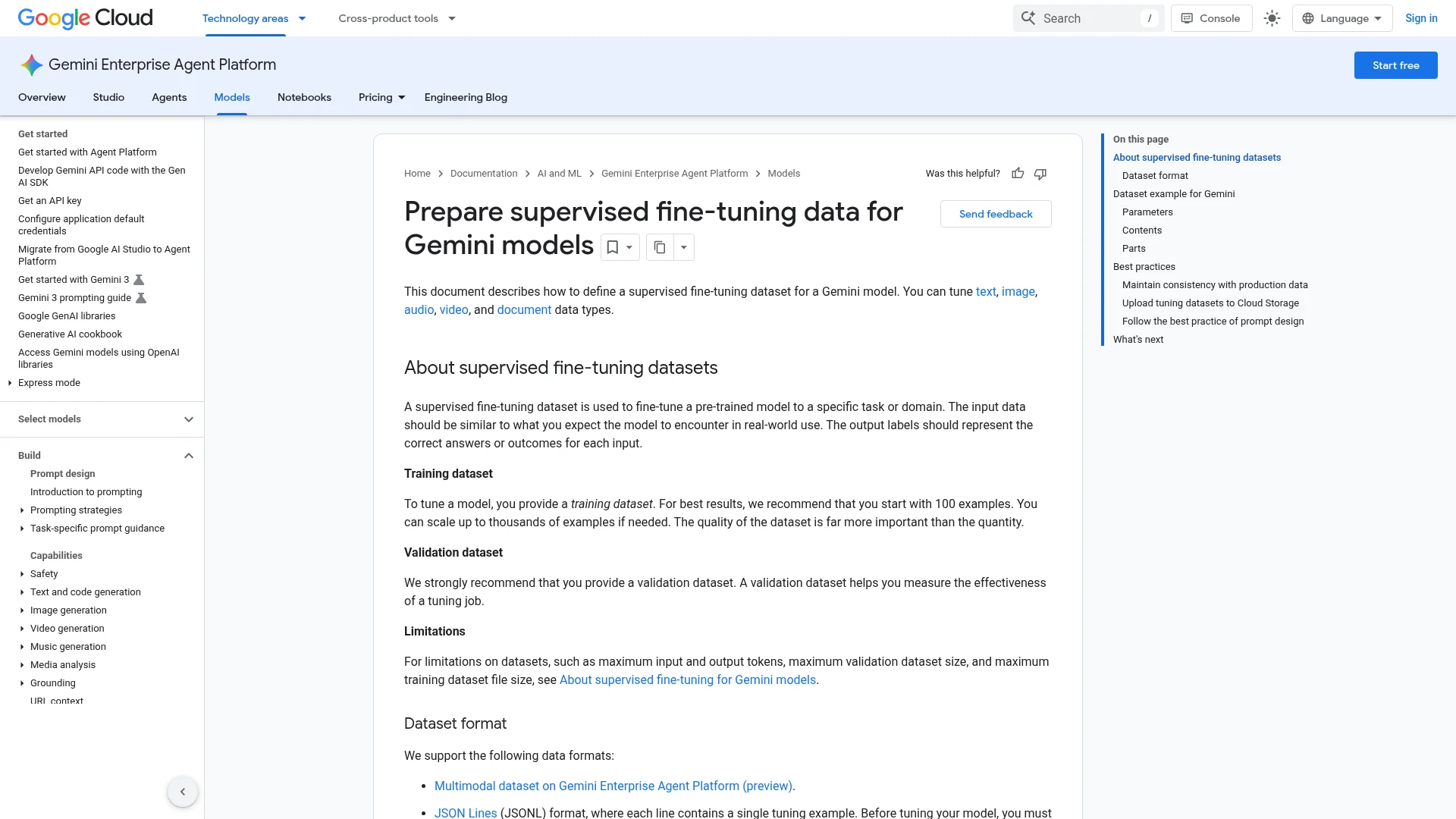 Gemini supervised fine-tuning dataset and JSONL requirements