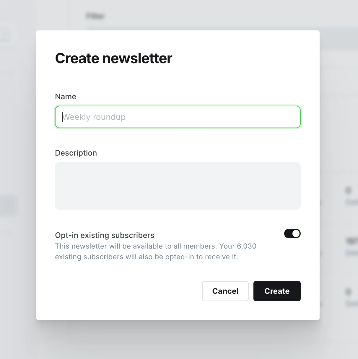 Ghost Admin dialog for creating and naming an email newsletter