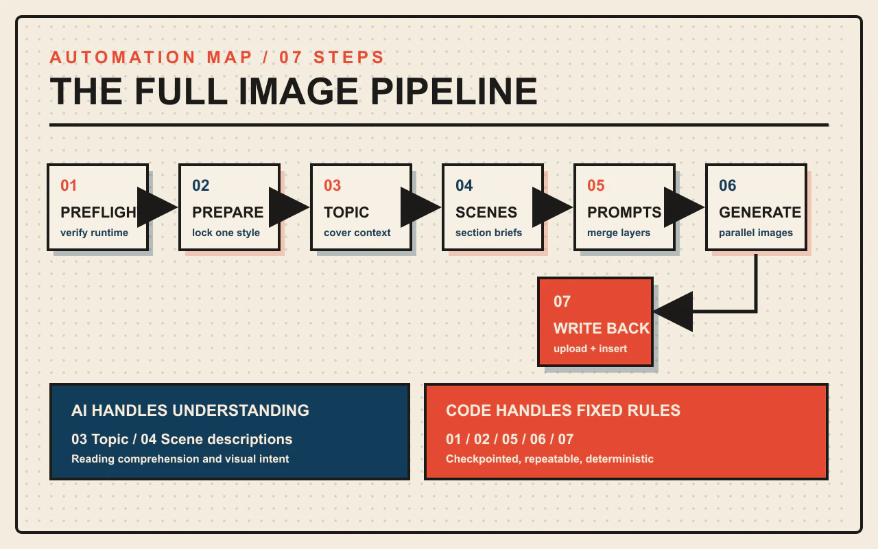 Seven-step image pipeline from preflight through article write-back