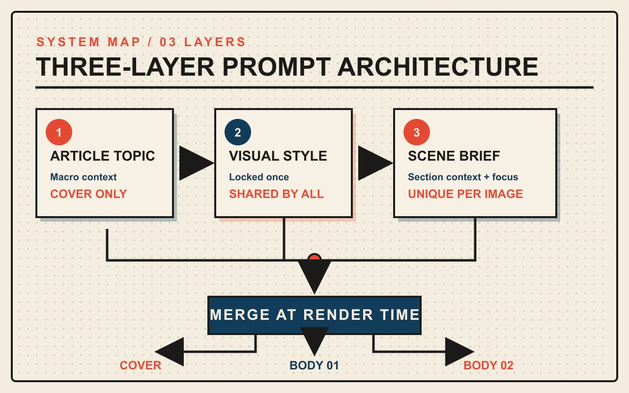 Three-layer prompt architecture merging topic, style, and scene briefs