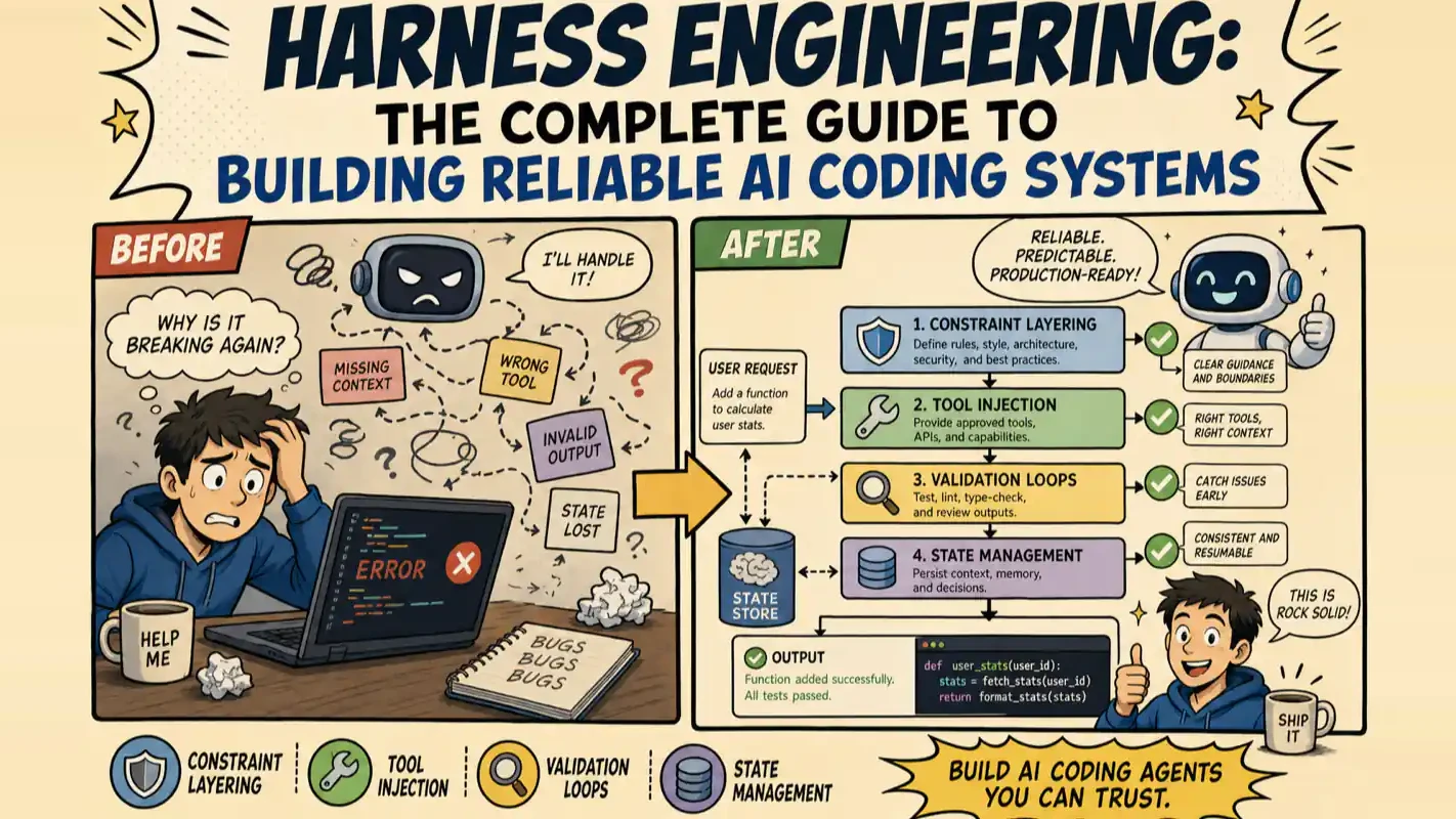 Harness engineering comic turning a fragile coding agent into a reliable system