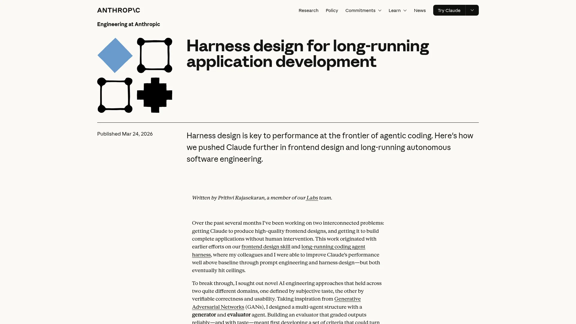 Anthropic harness design article for long-running application development