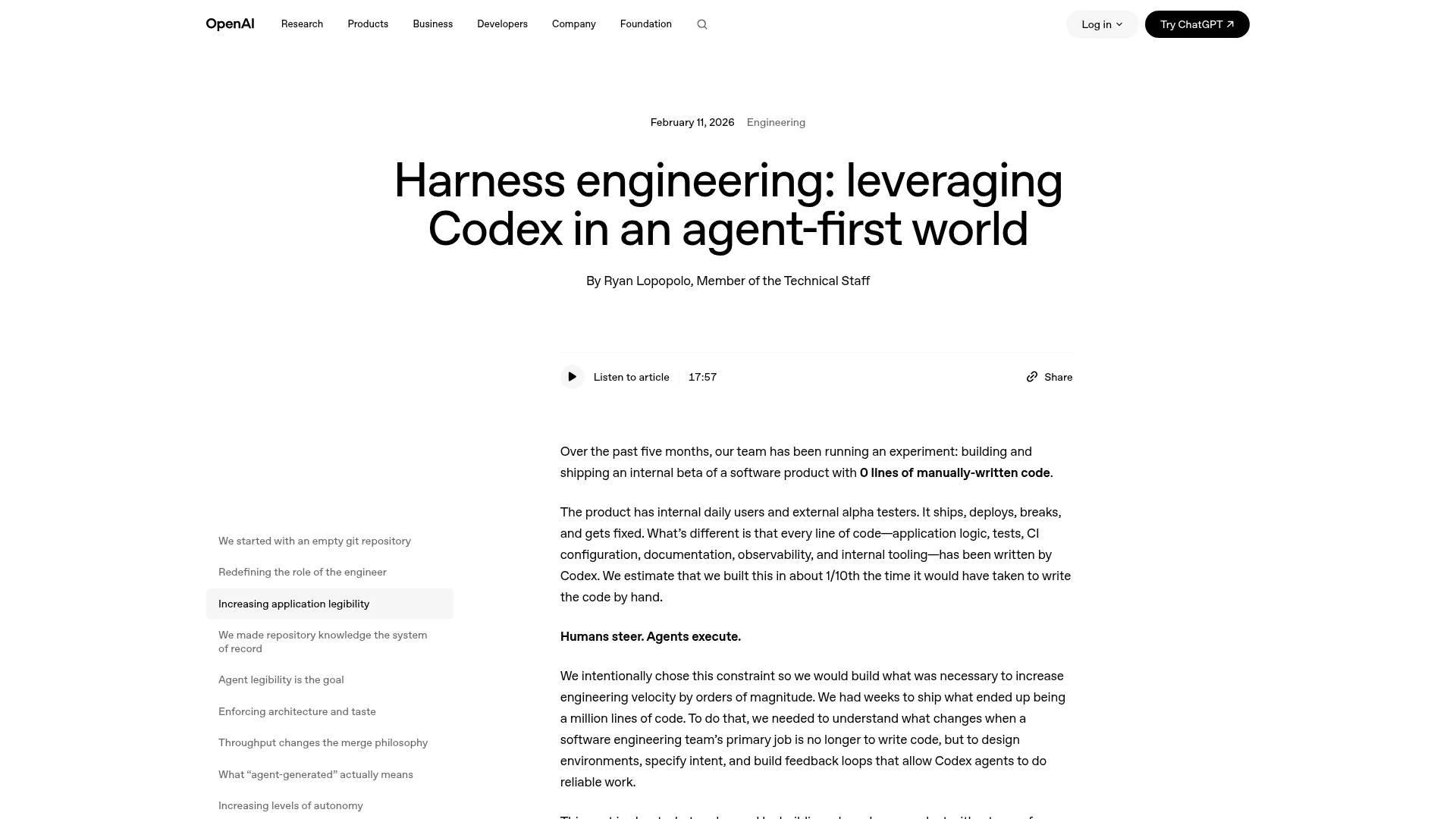 OpenAI harness engineering article describing Codex agent-first development