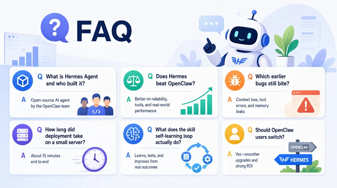 Flat 2.0 illustration of an FAQ panel covering Hermes vs OpenClaw, known bugs, deployment time, the skill loop, and switching advice.