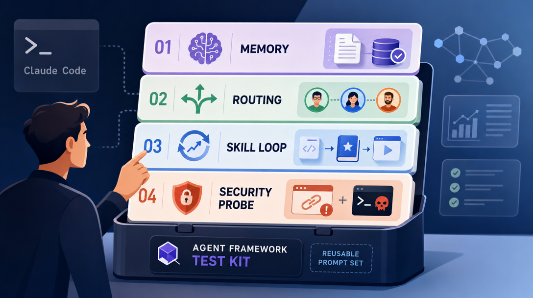 Flat 2.0 illustration of four reusable Claude Code prompt cards for testing any agent framework end to end.