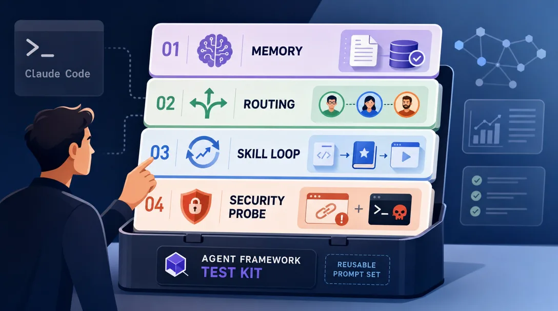 Flat 2.0 illustration of four reusable Claude Code prompt cards for testing any agent framework end to end.