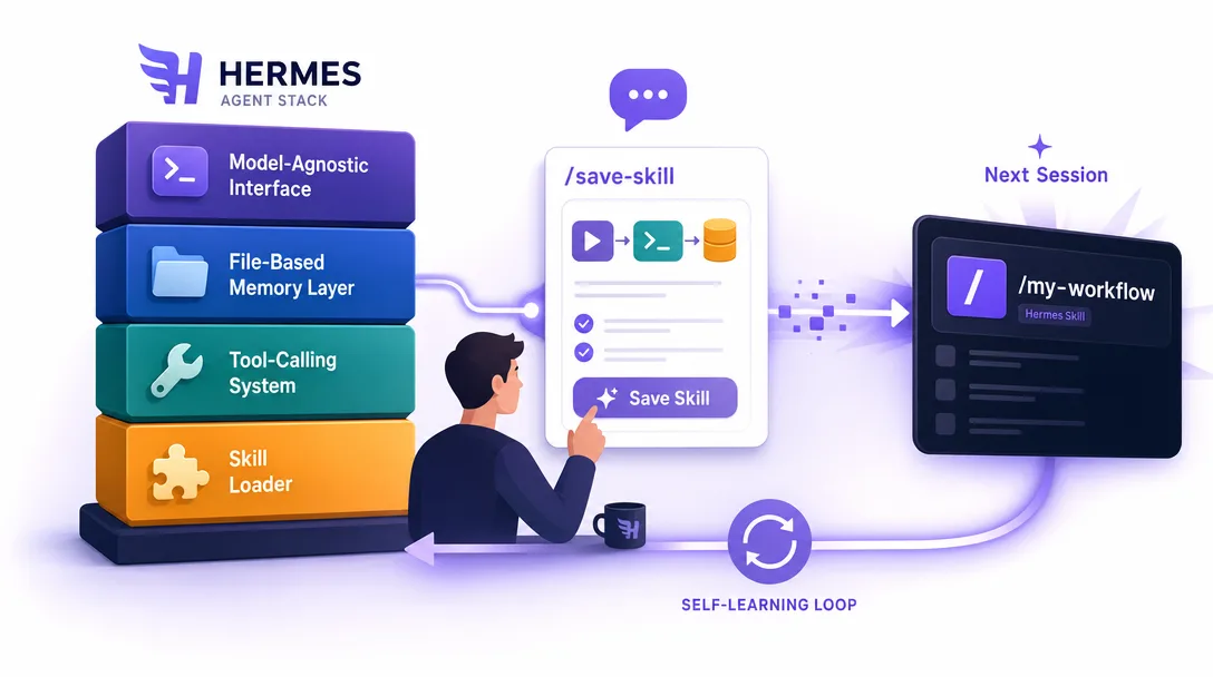 Flat 2.0 illustration of the four pillars of the Hermes Agent stack with the skill self-learning loop highlighted.